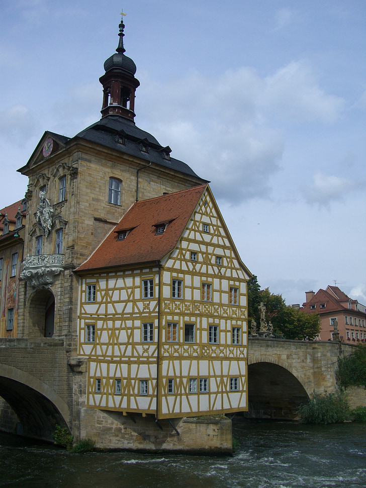 town hall, old, building, island city hall, rottmeister cottage, fachwerkhaus, arch