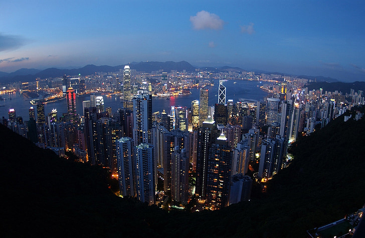 Hong kong, orizontul, peisajul urban, seara, cer, amurg, lumini