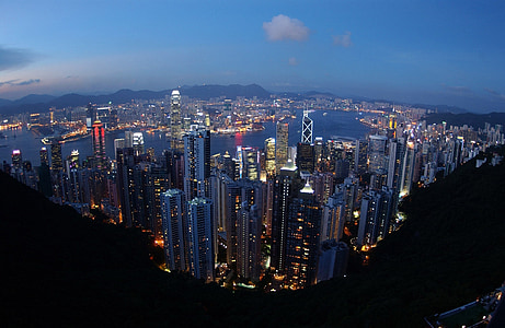 Hong kong, panoraam, linnaruumi, õhtul, taevas, videvik, tuled