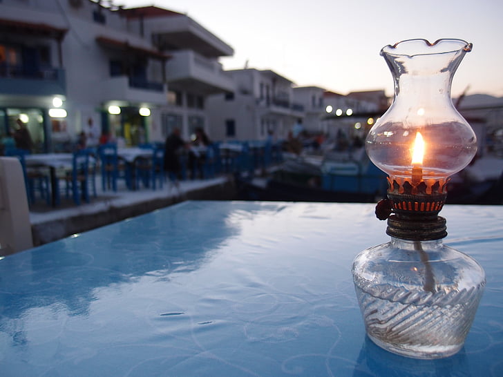 port, lampe à huile, coucher de soleil, restaurant, Grèce, lampe électrique, matériel d’éclairage