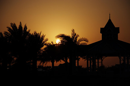 sunset, pavilion, palm trees, evening sky, beach, mood, atmosphere