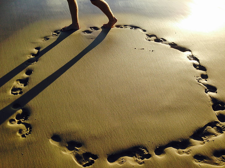 Beach, nap, lábnyomok, homok, óceán, lábnyom, természet