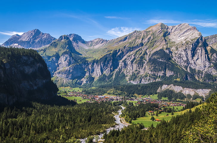 hegyek, Kandersteg, táj, természet, Svájc, túrázás, folyó