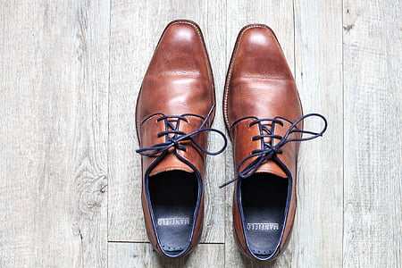 sko, brun, læder, blå grå, tidligere, vintage, snørebånd