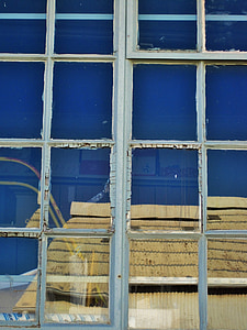 venster, frame, glas, deelvensters, reflectie, blauw, het platform