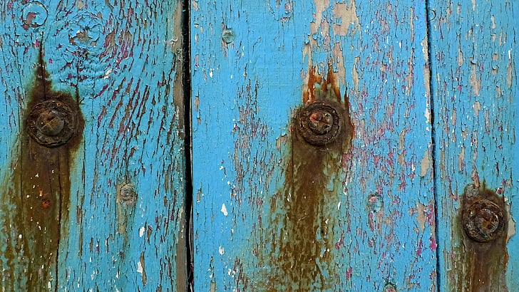 weathered, paint, wood, screw, rust, plank, blue