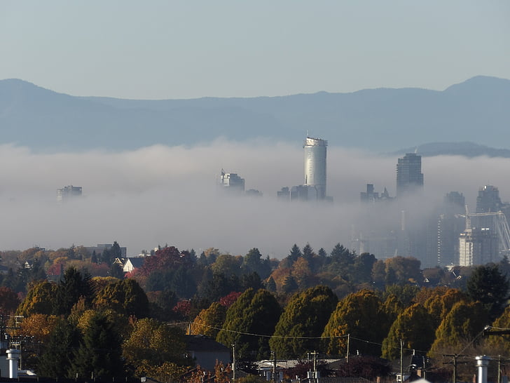 vancouver, downtown, city, fog, skyline, urban, cityscape