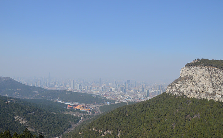 Berg, Stadt, China, Verschmutzung, Smog, Gebäude, Tal