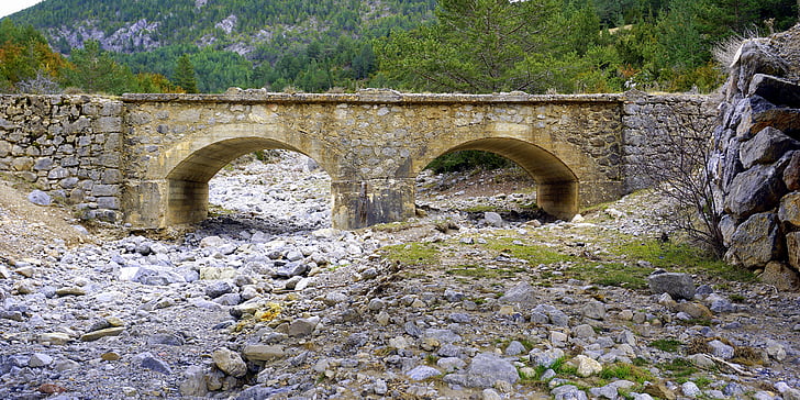 old bridge, dry torrent, stones, river bed, rocks, arid, landscape