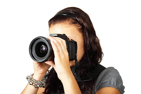 camera, digital, equipment, female, girl, isolated, lens