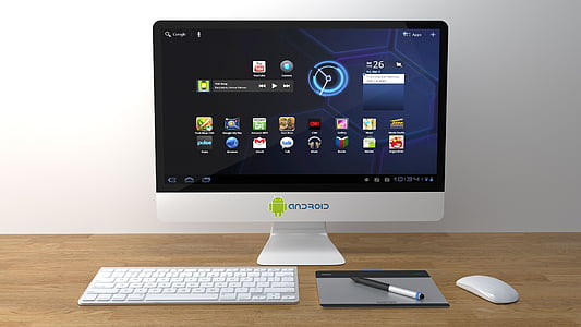 android, computer, desk, display, electronics, keyboard, monitor