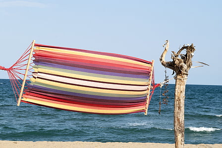 cama de rede, entremeada, praia, mar, variegada, férias, férias