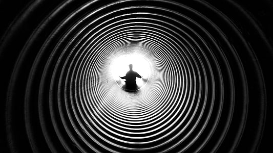black-and-white, dark, pattern, person, perspective, silhouette, tunnel
