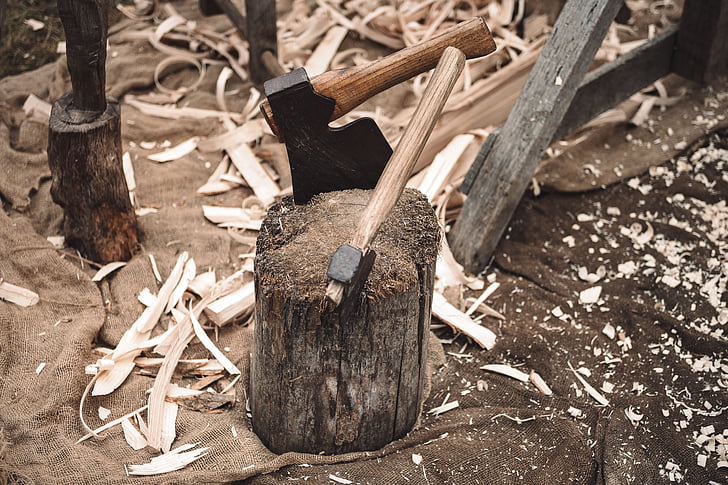 two, wood, axe, tree, log, destruction, industry