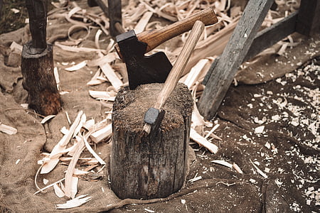 dois, madeira, Machado, árvore, log de, destruição, indústria