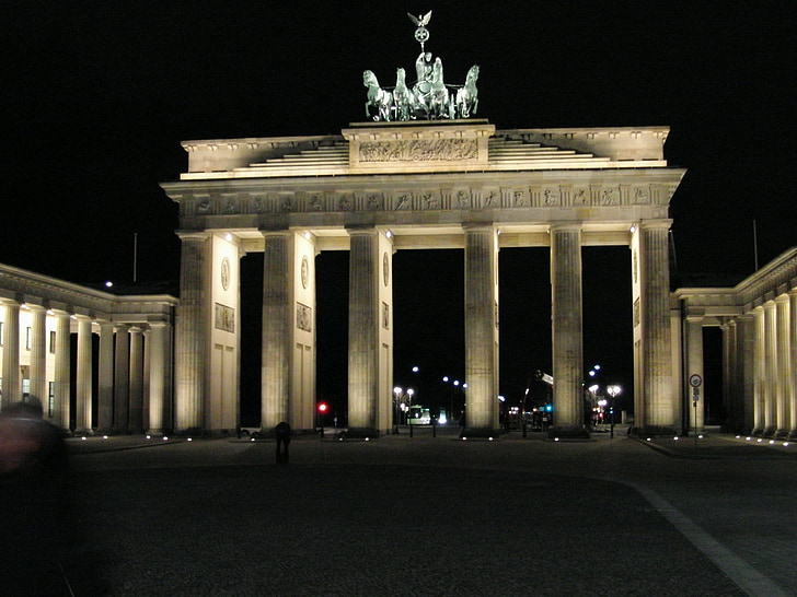 Бранденбургската врата, Берлин, архитектура, сграда, забележителност, колонен, нощ