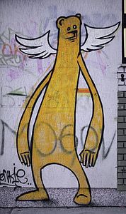 graffiti, medvěd, kreslené, postava, křídlo, avatar, bílá