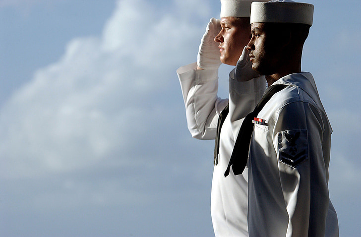 sailors, saluting, isolated, standing, sky, clouds, close-up