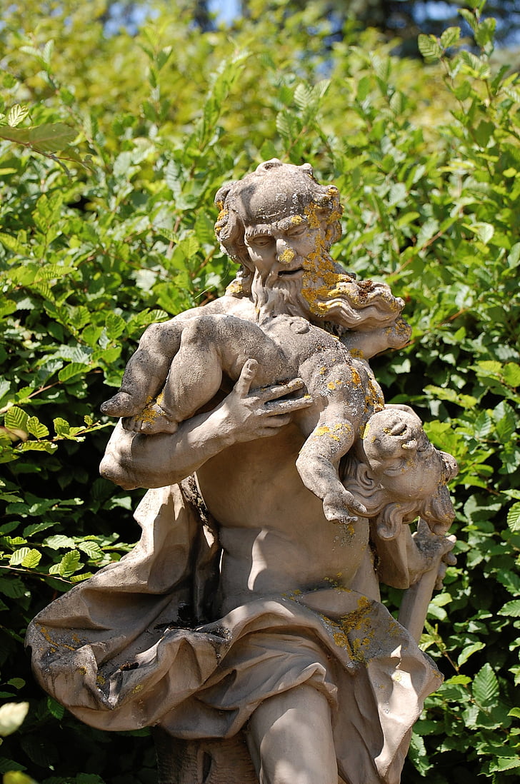 veitshoechheim, barokk, Faun, statuen, mann med barnet, stein, skulptur