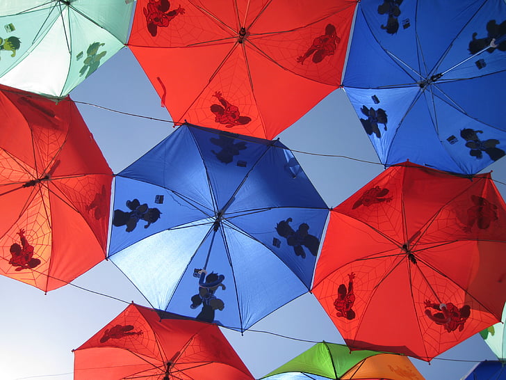 umbrellas, red, blue, patterns, colorful, abstracts, designs