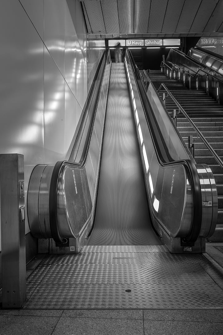 noir et blanc, escalator, exposition longue, moderne, Metal, montée, ville