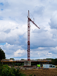 crane, site, clouds, sky, baukran, bridge, stones