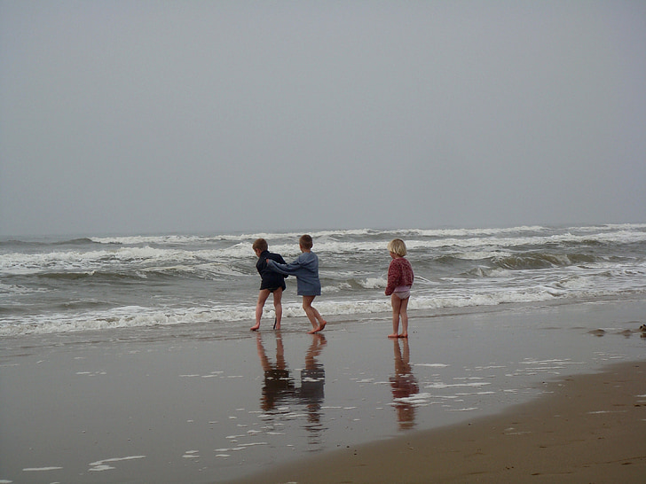 barn, havet, push, spela, spegel, stranden, vågor