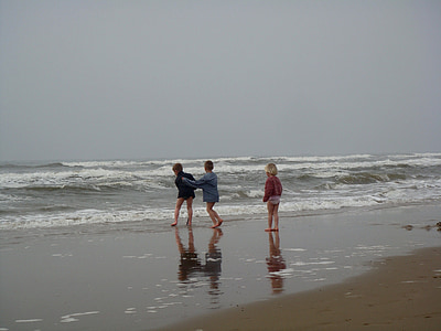 vaikai, jūra, stumti, žaisti, veidrodis, paplūdimys, bangos
