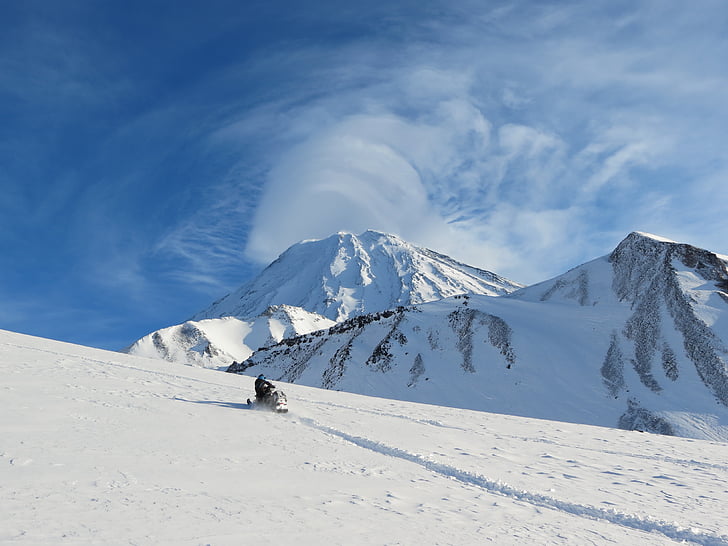 vulkāns, ziemas, sniega, sniega motocikls, kāpt kalnos, Karaliste, sniega, pussalas