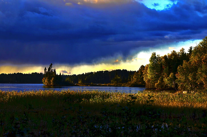 twilight, summer landscape, sky, lake, nature, clouds, light