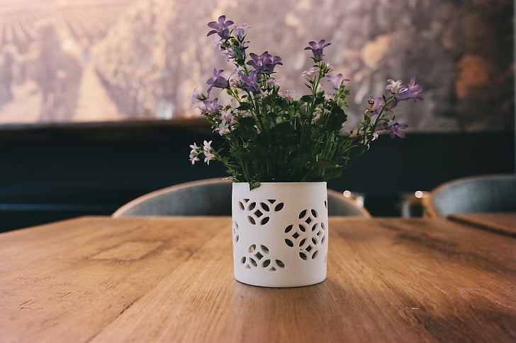 лилаво, цветя, бяло, ваза, кафяв, дървени, таблица