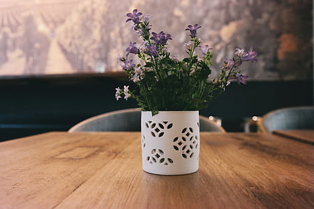 purple, flowers, white, vase, brown, wooden, table