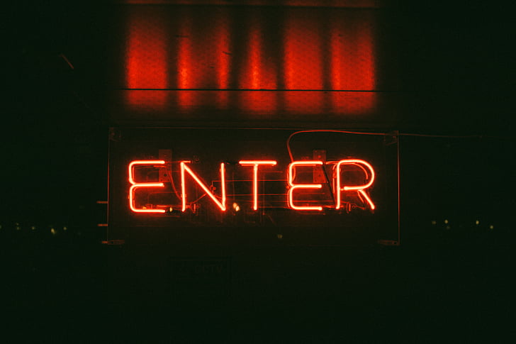 red, enter, neon, light, sign, glow, reflection