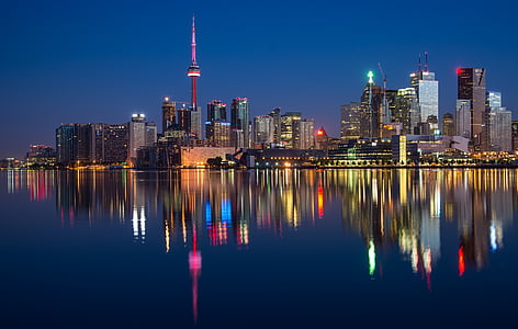 buildings, can, cn tower, canada, colorful, night, ontario