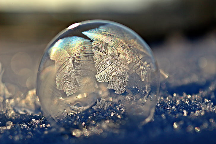 Frost blister, zeepbel, bal, eiskristalle, bevroren zeepbel, winter, koude