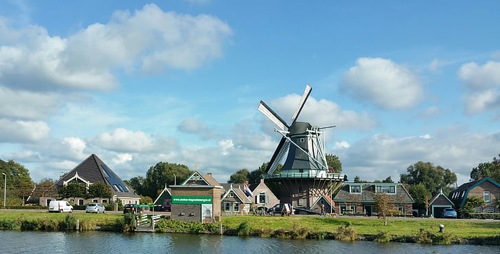dutch windmill, channels, sky, windmill, old, netherlands, history