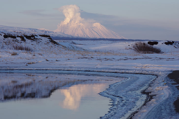 volcano, zhupanovsky, the eruption, ash emission, reflection, kamchatka, peninsula