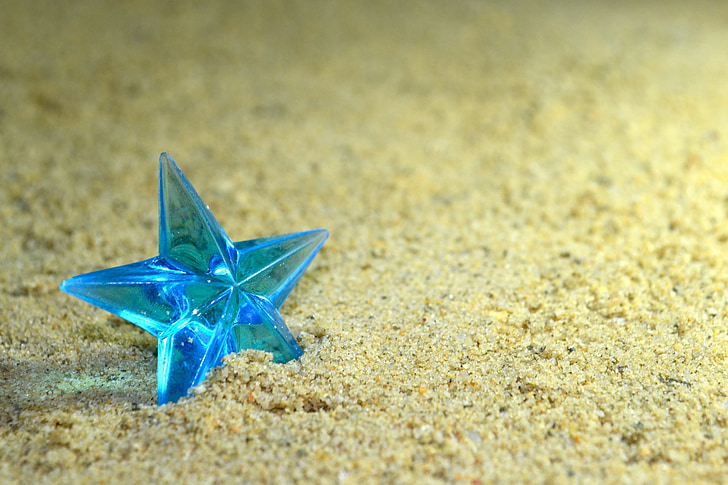 star, blue, toy, small, standing, ground, sand