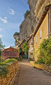 Dordogne, Frankrike, byggnader, hus, blommor, Mountain, Cliff