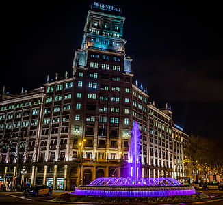 Barcelona, fontene, natt, blå, arkitektur, Spania, reise
