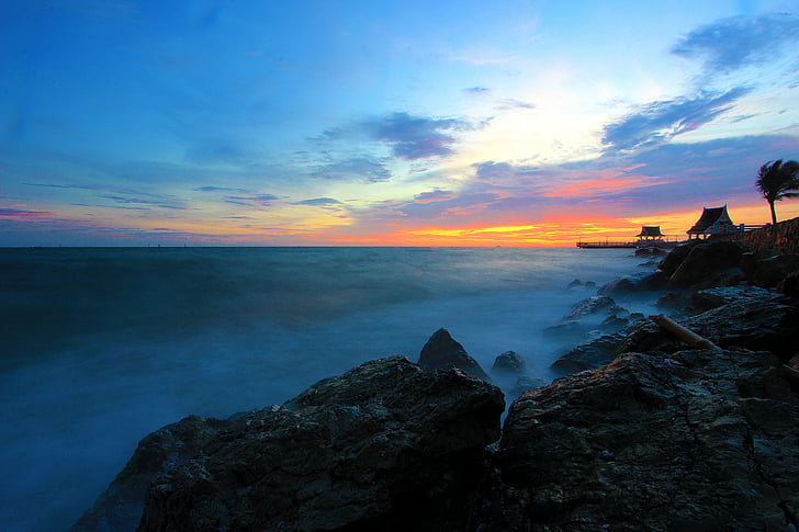 sea, twilight, rock, fog, sky, blue