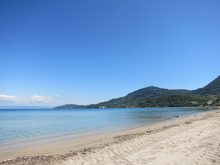 Corfu, griechemland, mėlyna, dangus, jūra, paplūdimys, vandenyno