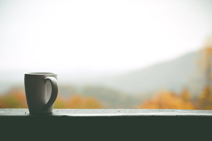 cup, mug, coffee, window, mountain, nature, leaves