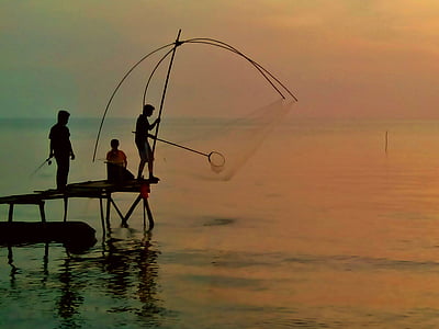 el mar, pescadores, caña de pescar, hombre, net, por la tarde, Crepúsculo