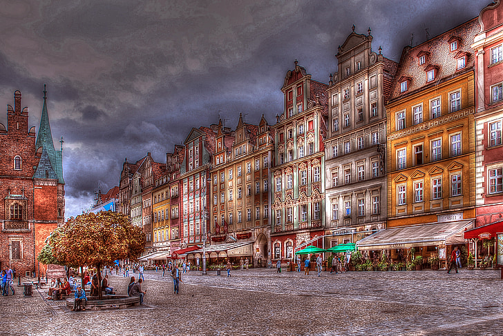 Wrocław, arkitektur, rækkehuse, farvede rækkehuse, gamle huse, monumenter, den gamle bydel