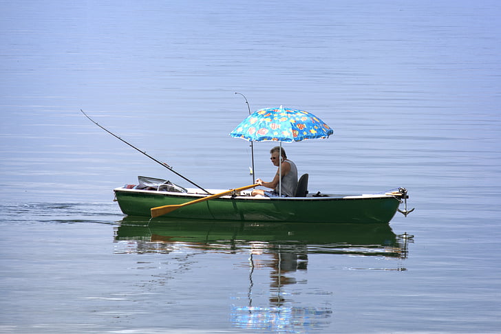 rowing boat, boot, person, angler, lake, water, parasol