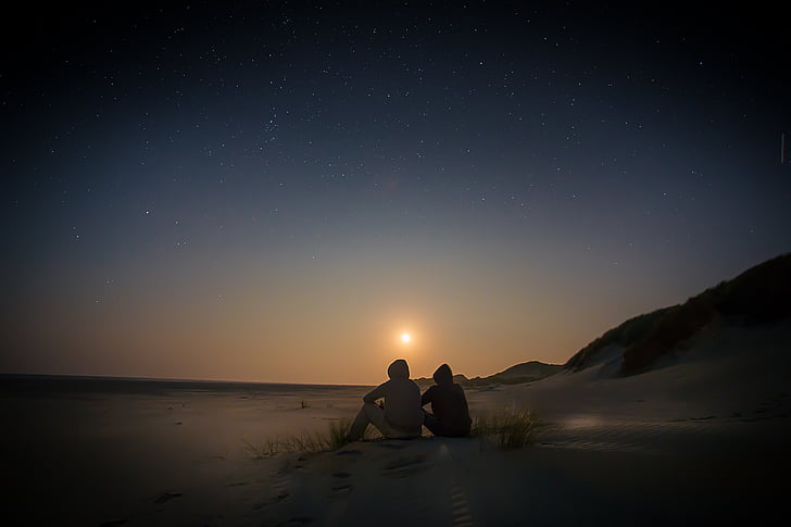 two, person, sitting, sand, photo, stars, galaxy