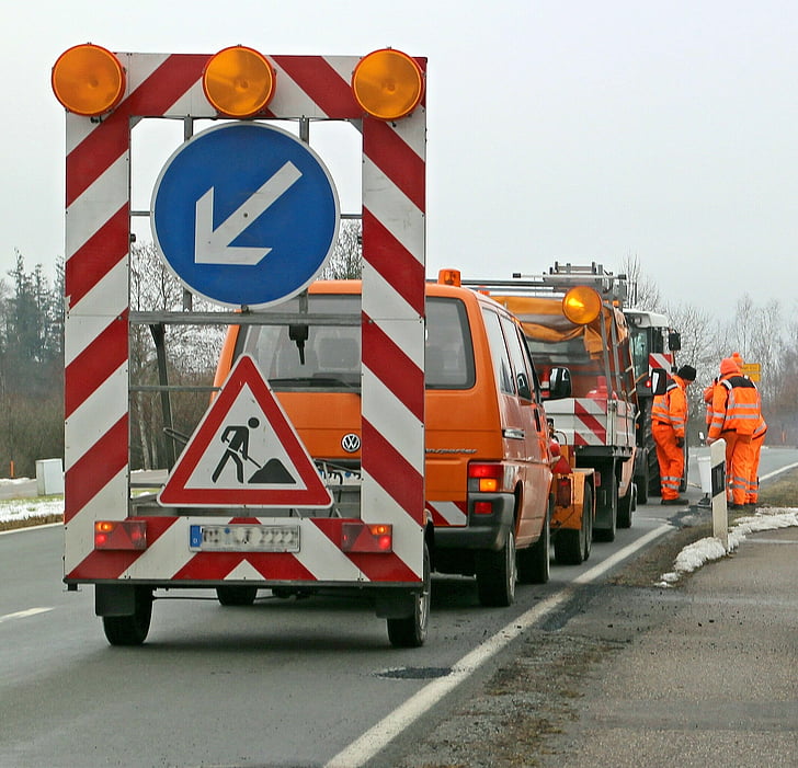 road works, barrier, warning, attention, warning lights, road, site
