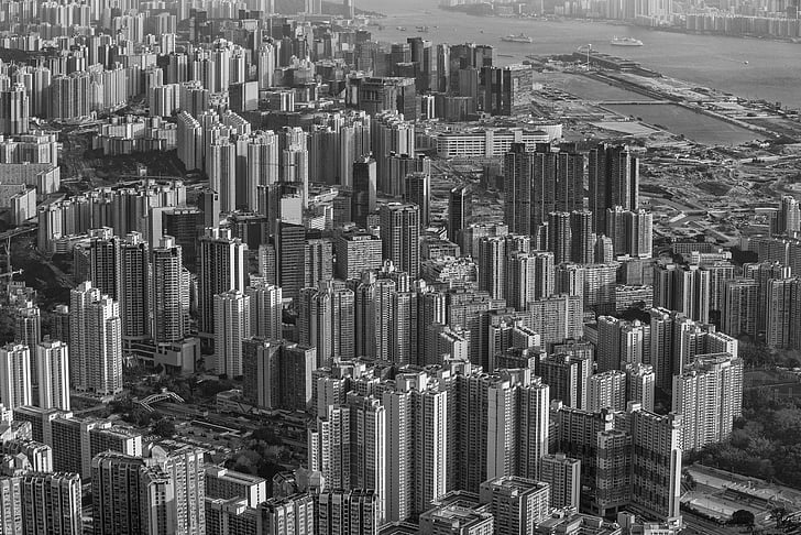 pohled z ptačí perspektivy, černobílé, budovy, město, Panoráma města, Centrum města, Metropolitní