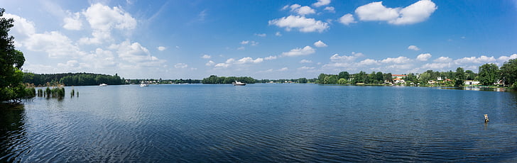 lake, panorama, water, sky, spieglung, grünheide
